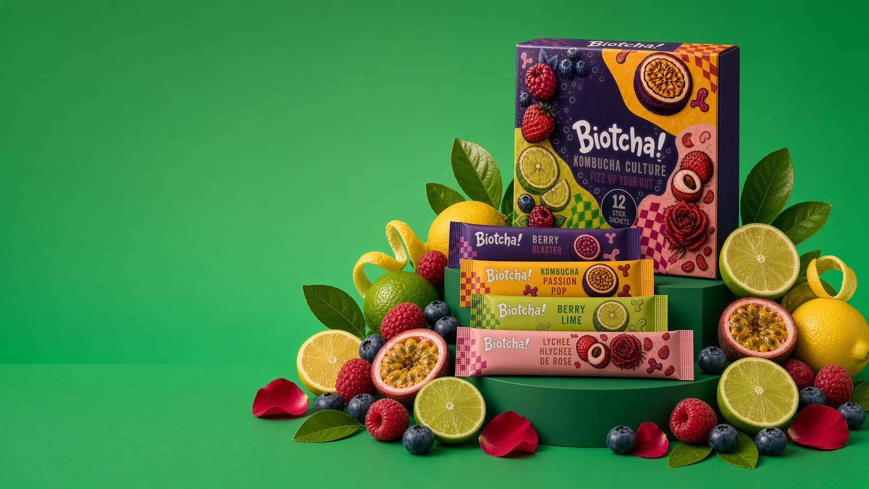 Biotcha sachet boxes with fresh lemons, berries, and passionfruit