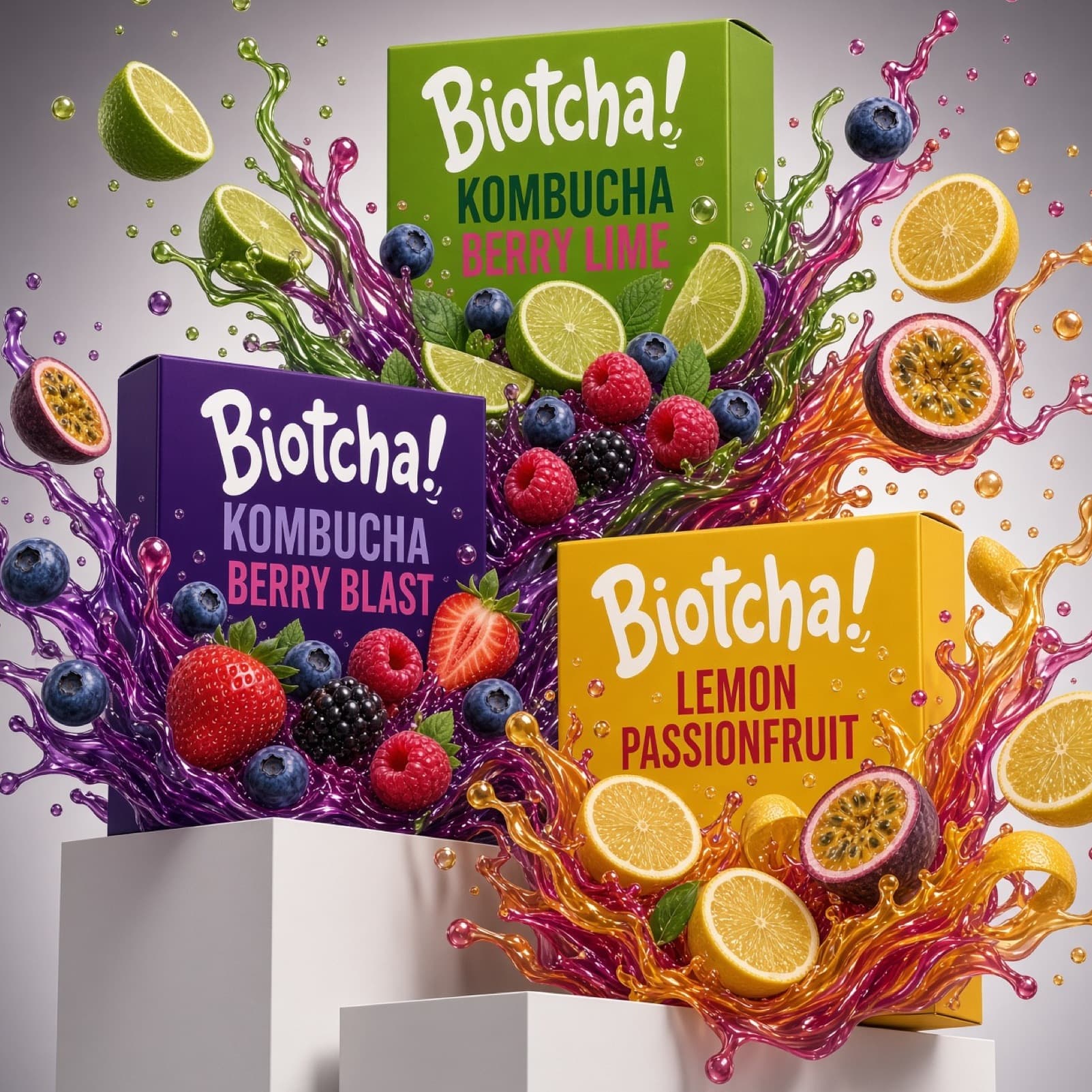 Biotcha kombucha cartons with fruit splash