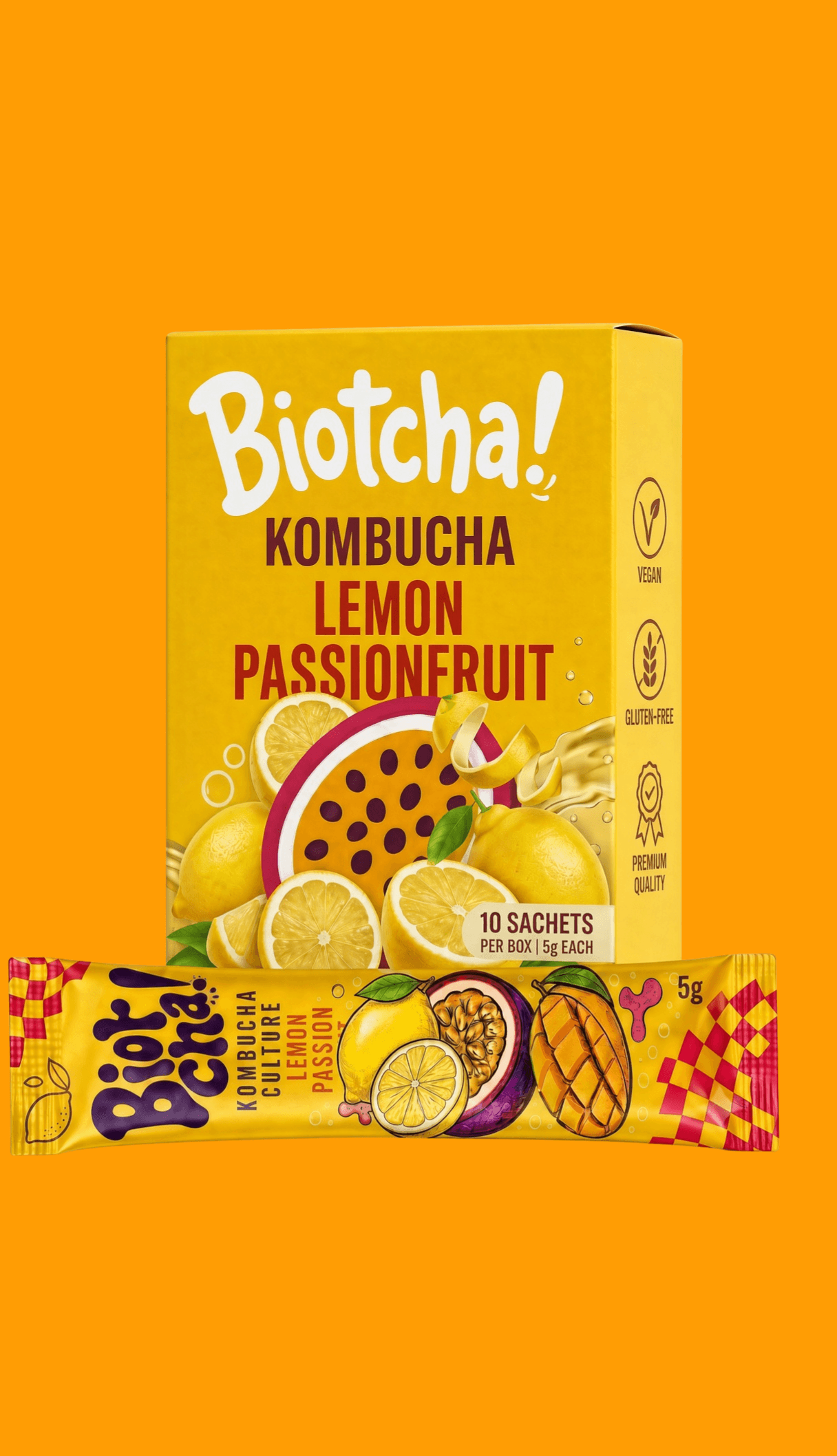 Glass of Biotcha kombucha with fresh fruit