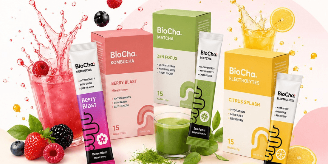 BioCha kombucha, matcha, and electrolyte drink sachets